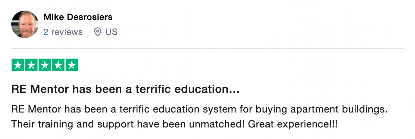Trustpilot review by Mike Desrosiers praising RE Mentor's education and support