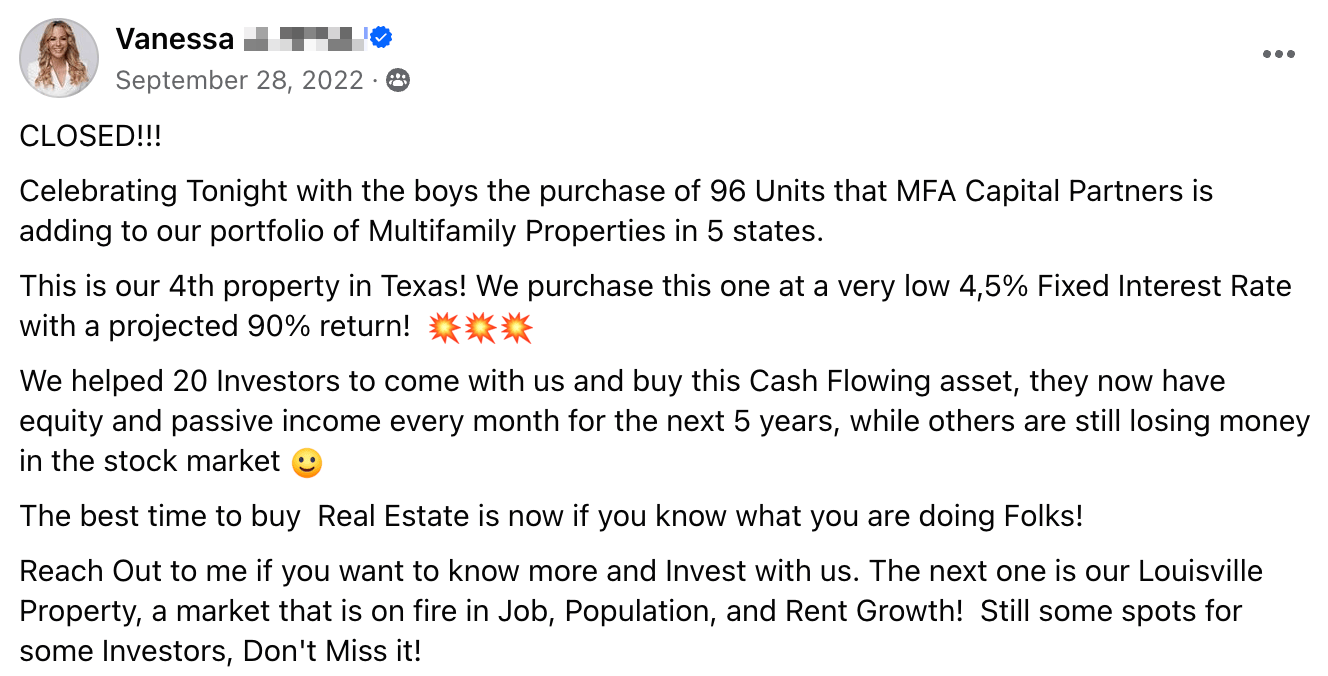 Vanessa: closed 96 units; helped 20 investors gain passive income