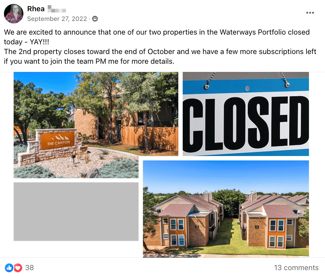 Rhea: Waterways Portfolio property closed; more subscriptions available