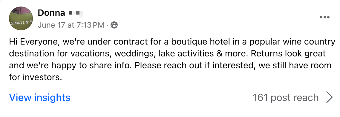 Donna: under contract for boutique hotel; investors welcome