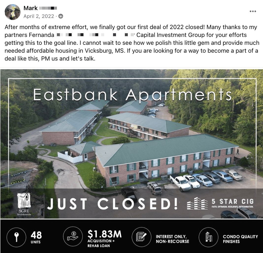 Mark: Eastbank Apartments 48 units, just closed