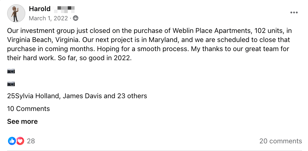 Harold: Weblin Place Apartments 102 units closed; next project in Maryland