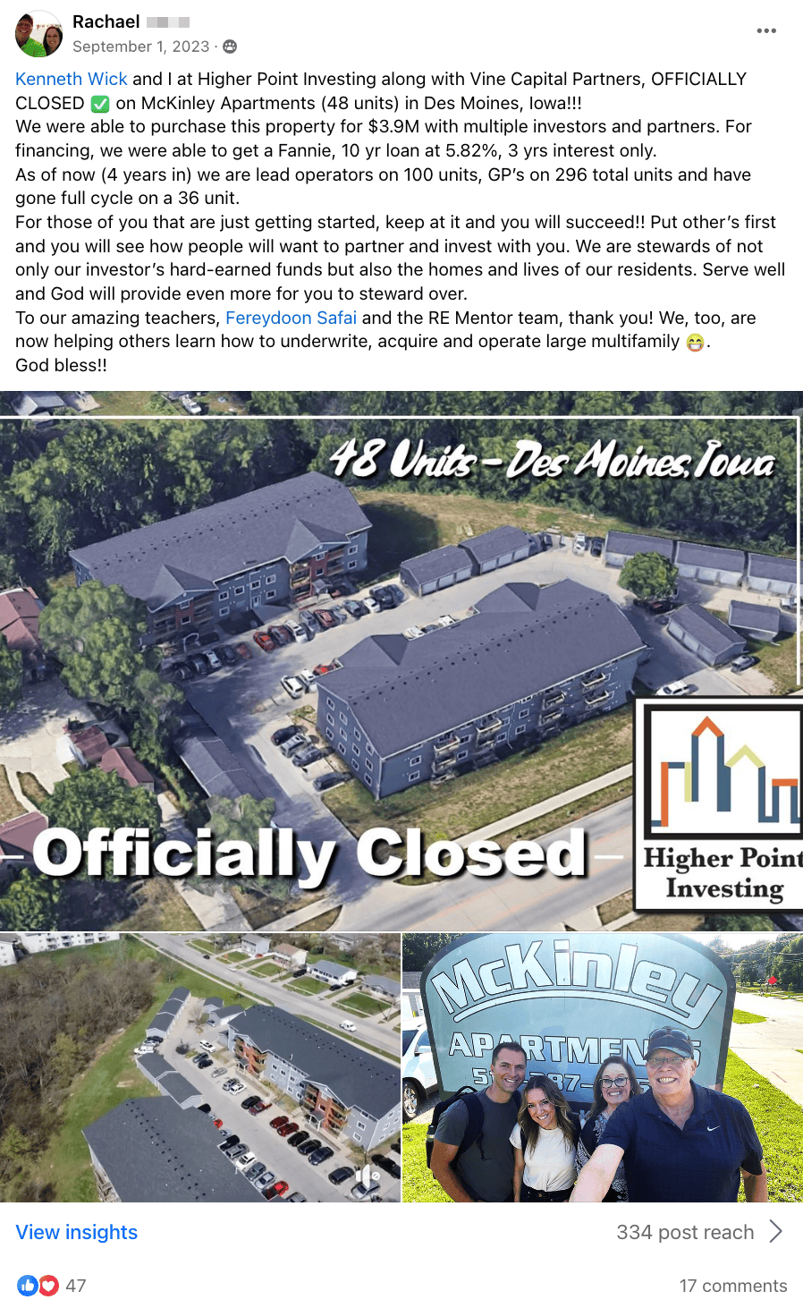 Rachael: McKinley Apartments 48 units, officially closed, 296 total units as GPs