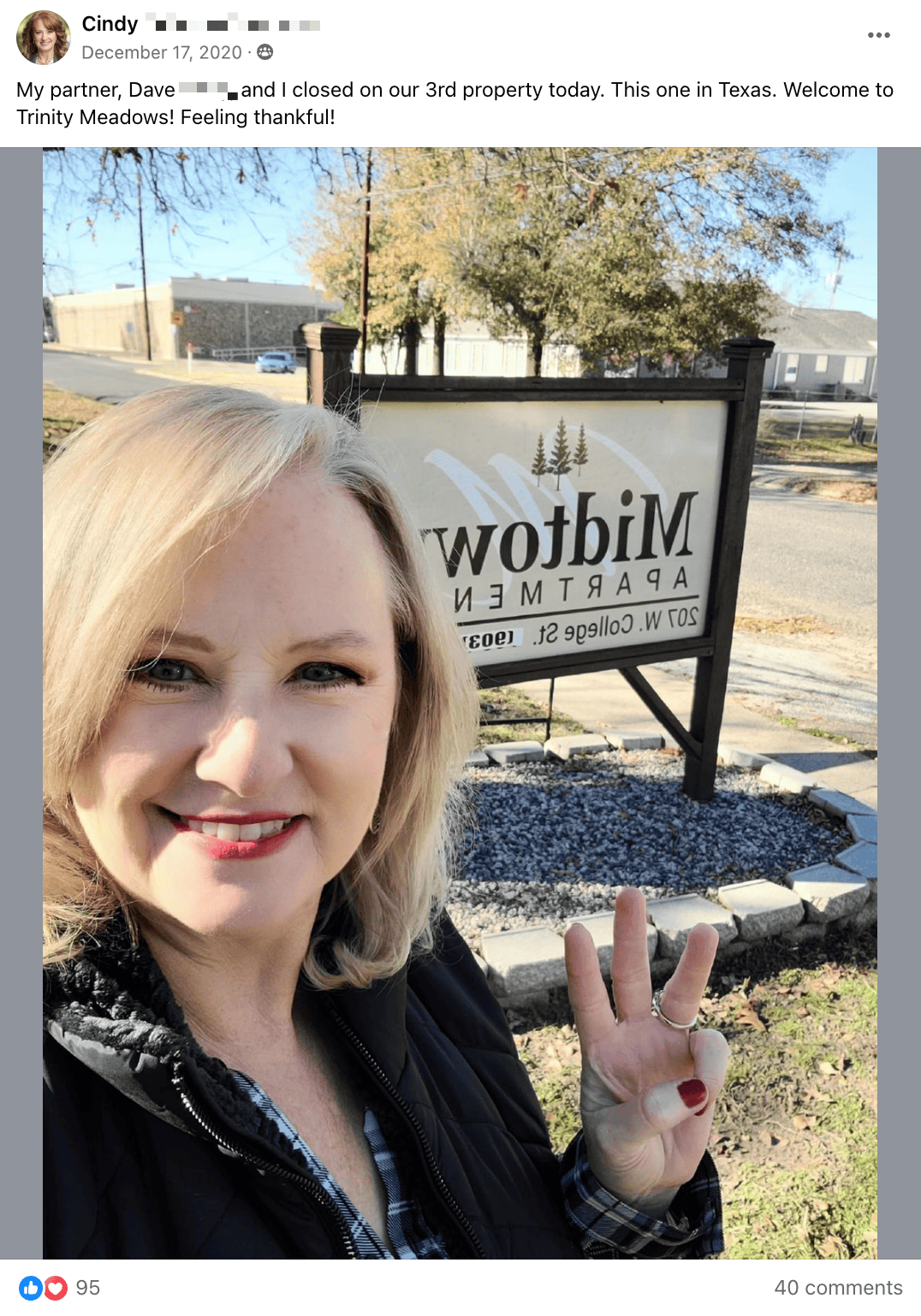 Cindy: closed on third property, Midtown Apartments in Texas