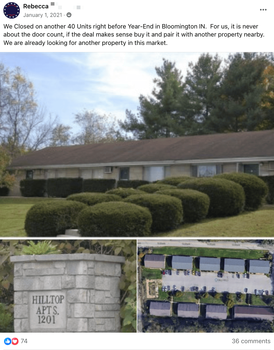 Rebecca: closed another 40 units in Bloomington, IN before year-end